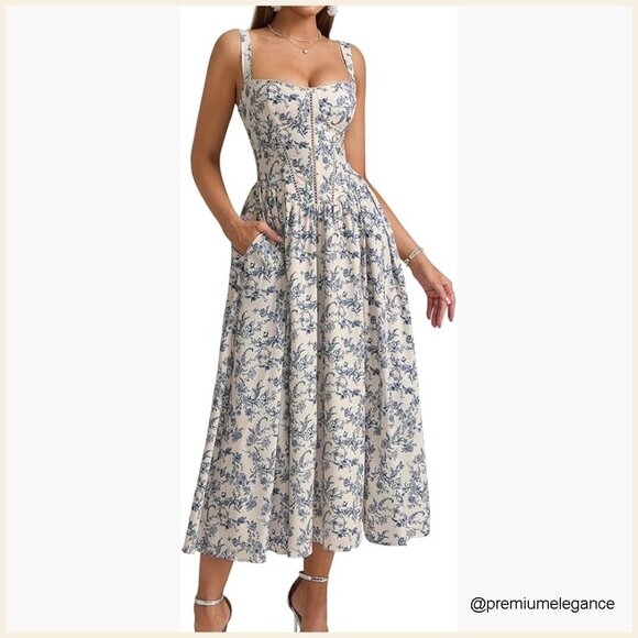 Dresses & Skirts - Floral Corset Midi Dress with Pockets, Smocked Back, Sweetheart Neck